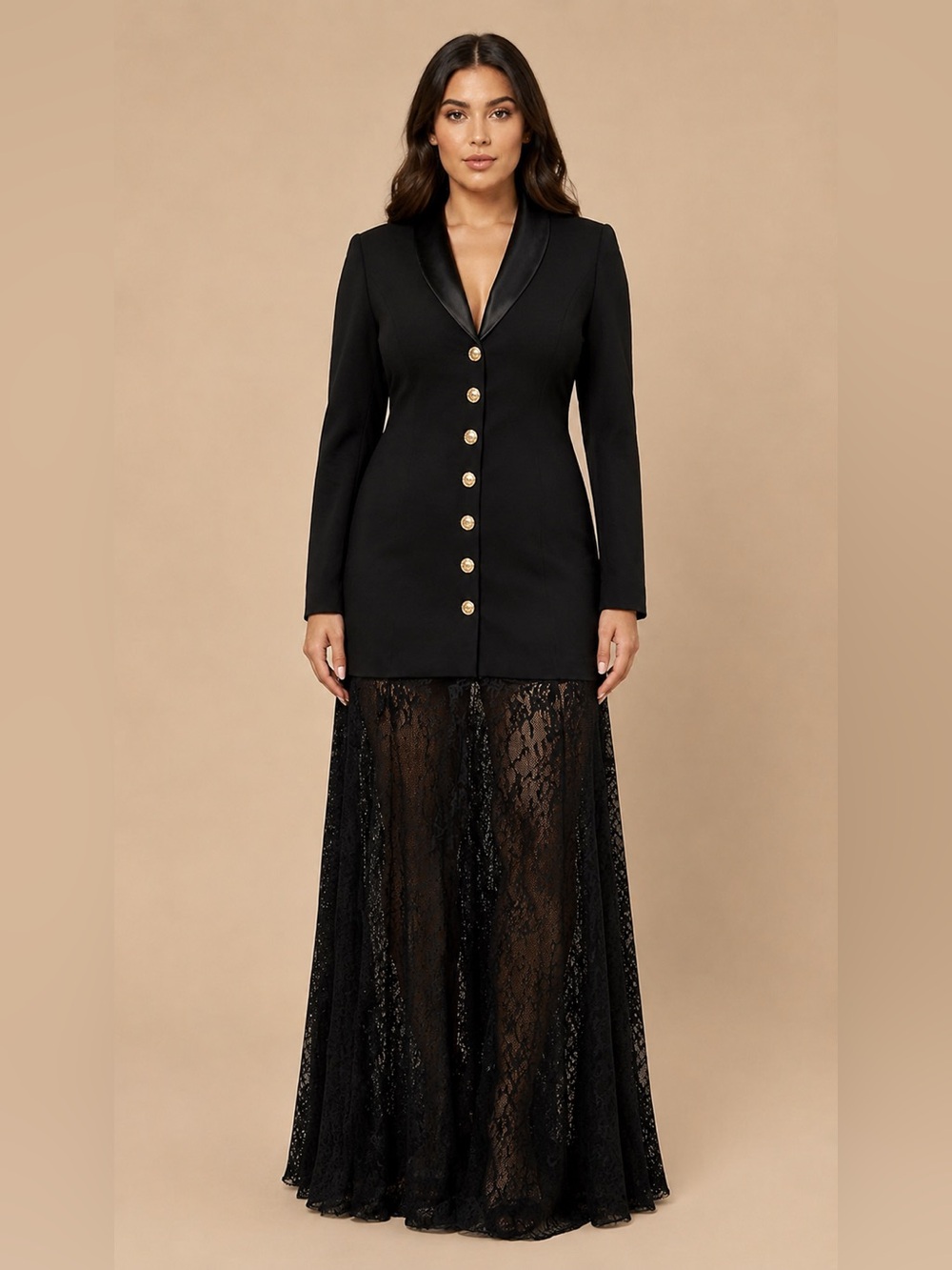 AKIRA Black Lace Maxi Skirt with Gold Button Blazer Bodice